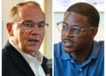 This combination photo shows Wisconsin gubernatorial candidates Republican Tom Tiffany, July 29, 2026, in Kenosha, Wis., left, and Democrat David Crowley, Aug. 12, 2026, in Middleton, Wis. (AP Photo)