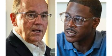 This combination photo shows Wisconsin gubernatorial candidates Republican Tom Tiffany, July 29, 2026, in Kenosha, Wis., left, and Democrat David Crowley, Aug. 12, 2026, in Middleton, Wis. (AP Photo)