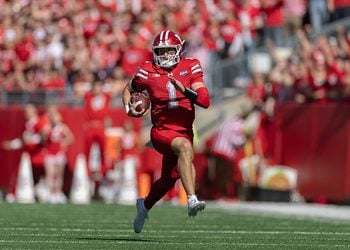 Wisconsin QB Colton Joseph runs at Camp Randall Stadium.