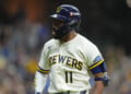 Jackson Chourio celebrates a home run in game 1 of the NLDS against San Diego.