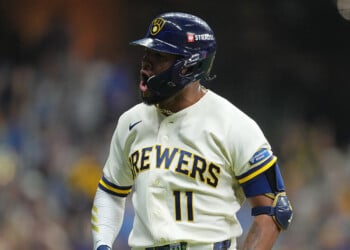 Jackson Chourio celebrates a home run in game 1 of the NLDS against San Diego.