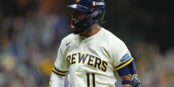 Jackson Chourio celebrates a home run in game 1 of the NLDS against San Diego.