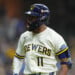 Jackson Chourio celebrates a home run in game 1 of the NLDS against San Diego.