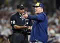 Pat Murphy discusses a call with the home plate umpire at Petco Park.