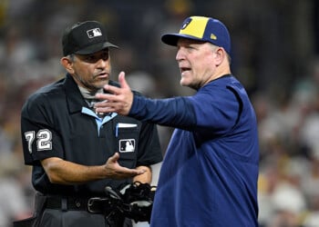 Pat Murphy discusses a call with the home plate umpire at Petco Park.