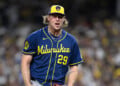 Trevor Megill celebrates a stikeout in Game 4 of the NLDS at Petco Park.