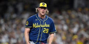 Trevor Megill celebrates a stikeout in Game 4 of the NLDS at Petco Park.