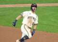 Sal Frelick celebrates rounding the bases after hitting a home run in Game 2 of the World Series.