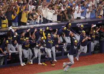 The Milwaukee Brewers celebrate winning the World Series at Tropicana Field.
