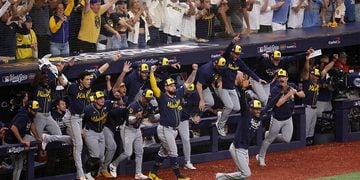 The Milwaukee Brewers celebrate winning the World Series at Tropicana Field.