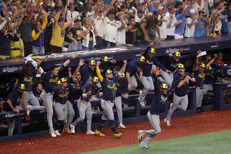 The Milwaukee Brewers celebrate winning the World Series at Tropicana Field.