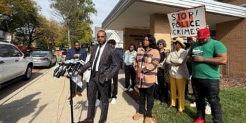 Attorney B'Ivory Lamarr speaking at a press conference on Oct. 14, 2026 after the violent arrest of 24-year-old Nicholas Beamon. Image credit: WTMJ