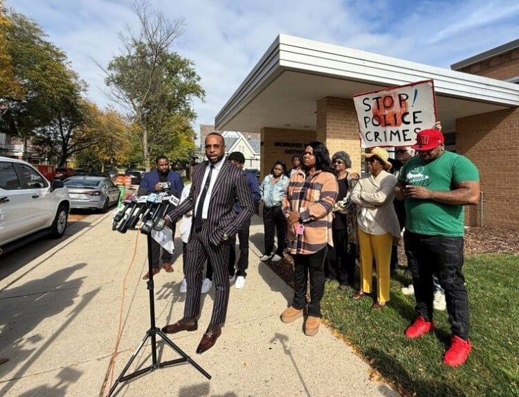 Attorney B'Ivory Lamarr speaking at a press conference on Oct. 14, 2026 after the violent arrest of 24-year-old Nicholas Beamon. Image credit: WTMJ