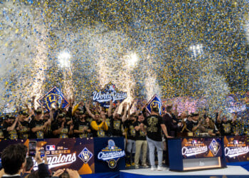 Confetti flies as the Milwaukee Brewers win the 2026 World Series four games to one over the Tampa Bay Rays. October 28, 2026. Image Credit: Dominic Cotroneo