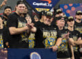 Brewers Manager Pat Murphy waves on stage while the team is presented with the Commissioner's Trophy after winning the World Series, October 28, 2026 (Photo: Dominic Cotroneo)
