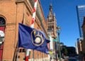 Brewers Flag flies on the Wells Street Bridge in downtown Milwaukee, October 8, 2026 (Photo: Elizabeth Lintonen)