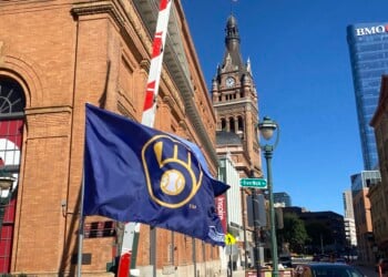 Brewers Flag flies on the Wells Street Bridge in downtown Milwaukee, October 8, 2026 (Photo: Elizabeth Lintonen)