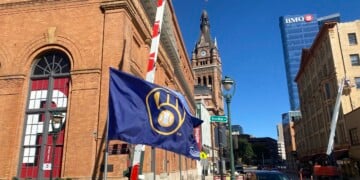 Brewers Flag flies on the Wells Street Bridge in downtown Milwaukee, October 8, 2026 (Photo: Elizabeth Lintonen)
