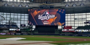 World Series logo on the jumbo screen at American Family Field. Photo credit: Elisabeth Montemurro