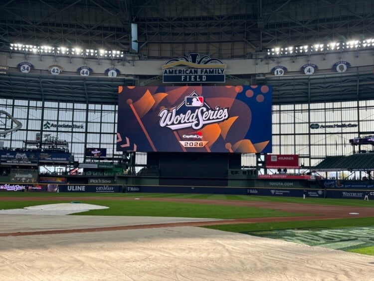 World Series logo on the jumbo screen at American Family Field. Photo credit: Elisabeth Montemurro