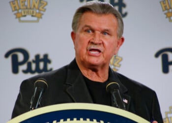 FILE - Former NFL coach and University of Pittsburgh alumnus, Mike Ditka speaks at a news conference for the retirement of the number 75 jersey for former Pittsburgh offensive lineman Jim Covert before an NCAA football game between the Pittsburgh and the Notre Dame, Saturday, Nov. 7, 2015 in Pittsburgh. (AP Photo/Keith Srakocic, File)