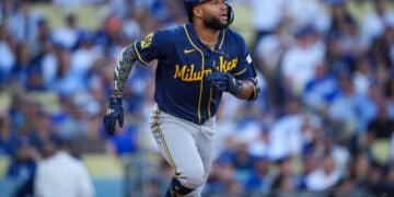Milwaukee Brewers left fielder Jackson Chourio watches his solo home run take flight during the first inning of Game 3 of baseball's National League Championship Series between the Milwaukee Brewers and the Los Angeles Dodgers, Wednesday, Oct. 14, 2026, in Los Angeles. (AP Photo/Gregory Bull)