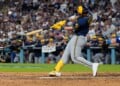 Milwaukee Brewers first baseman Jake Bauers connects for a two run home run during the seventh inning of Game 3 of baseball's National League Championship Series between the Milwaukee Brewers and the Los Angeles Dodgers, Wednesday, Oct. 14, 2026, in Los Angeles. (AP Photo/Ashley Landis)