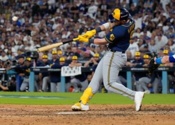 Milwaukee Brewers first baseman Jake Bauers connects for a two run home run during the seventh inning of Game 3 of baseball's National League Championship Series between the Milwaukee Brewers and the Los Angeles Dodgers, Wednesday, Oct. 14, 2026, in Los Angeles. (AP Photo/Ashley Landis)