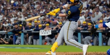 Milwaukee Brewers first baseman Jake Bauers connects for a two run home run during the seventh inning of Game 3 of baseball's National League Championship Series between the Milwaukee Brewers and the Los Angeles Dodgers, Wednesday, Oct. 14, 2026, in Los Angeles. (AP Photo/Ashley Landis)