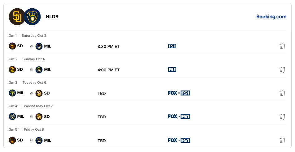 NLDS Schedule for the Milwaukee Brewers v. San Diego Padres as of Thursday, October 1, 2026.
