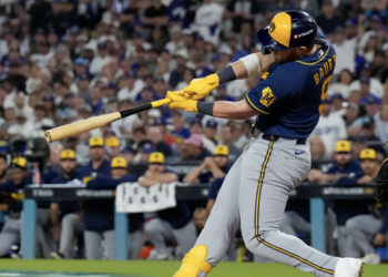 Milwaukee Brewers first baseman Jake Bauers connects for a two run home run during the seventh inning of Game 3 of baseball's National League Championship Series between the Milwaukee Brewers and the Los Angeles Dodgers, Wednesday, Oct. 14, 2026, in Los Angeles. (AP Photo/Ashley Landis)