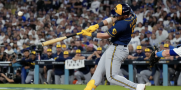 Milwaukee Brewers first baseman Jake Bauers connects for a two run home run during the seventh inning of Game 3 of baseball's National League Championship Series between the Milwaukee Brewers and the Los Angeles Dodgers, Wednesday, Oct. 14, 2026, in Los Angeles. (AP Photo/Ashley Landis)