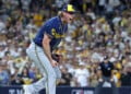 SAN DIEGO, CALIFORNIA - OCTOBER 07: Trevor Megill #29 of the Milwaukee Brewers celebrates the 3-1 win after closing the game against the San Diego Padres in game four of the National League Division Series at Petco Park on October 07, 2026 in San Diego, California. (Photo by Sean M. Haffey/Getty Images)