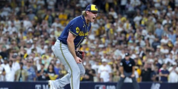 SAN DIEGO, CALIFORNIA - OCTOBER 07: Trevor Megill #29 of the Milwaukee Brewers celebrates the 3-1 win after closing the game against the San Diego Padres in game four of the National League Division Series at Petco Park on October 07, 2026 in San Diego, California. (Photo by Sean M. Haffey/Getty Images)