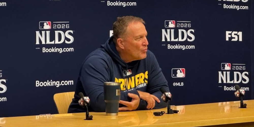Brewers Manager Pat Murphy to a pre-NLDS press conference at American Family Field, October 2, 2026 (Photo: Elisabeth Montemurro)