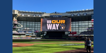 Brewers "Win Our Way" scoreboard at American Family Field before Game 2 of the 2026 NLDS, October 4, 2026 (Photo: Elisabeth Montemurro)