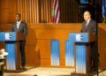 David Crowley and Tom Tiffany during the 2026 Gubernatorial Debate at Marquette University Law School, October 21, 2026 (Photo: Elisabeth Montemurro)
