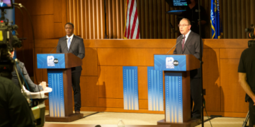 David Crowley and Tom Tiffany during the 2026 Gubernatorial Debate at Marquette University Law School, October 21, 2026 (Photo: Elisabeth Montemurro)