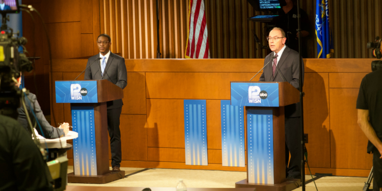 David Crowley and Tom Tiffany during the 2026 Gubernatorial Debate at Marquette University Law School, October 21, 2026 (Photo: Elisabeth Montemurro)