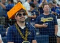 A Milwaukee Brewers fan watches warm ups prior to Game 4 of baseball's World Series, Tuesday, Oct. 27, 2026, in St. Petersburg, Fla., between the Milwaukee Brewers and the Tampa Bay Rays. (AP Photo/Chris O'Meara)