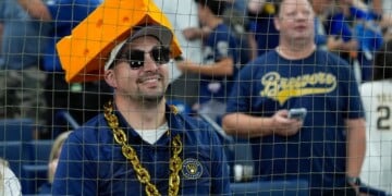 A Milwaukee Brewers fan watches warm ups prior to Game 4 of baseball's World Series, Tuesday, Oct. 27, 2026, in St. Petersburg, Fla., between the Milwaukee Brewers and the Tampa Bay Rays. (AP Photo/Chris O'Meara)