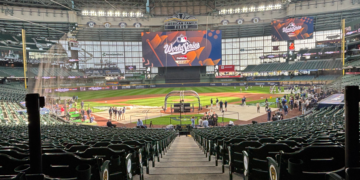 A shot from the field level seats of American Family Field during the 2026 World Series Media Day. October 22, 2026. Image Credit: Adam Roberts