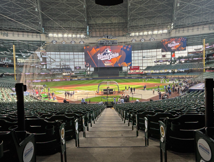 A shot from the field level seats of American Family Field during the 2026 World Series Media Day. October 22, 2026. Image Credit: Adam Roberts