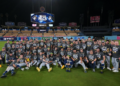 The 2026 Milwaukee Brewers pose on the field at Dodger Stadium after winning the National League Championship Series. October 15, 2026. Image Credit: Milwaukee Brewers Baseball Club