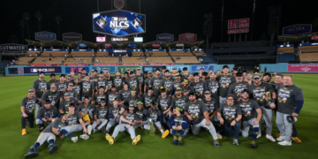 The 2026 Milwaukee Brewers pose on the field at Dodger Stadium after winning the National League Championship Series. October 15, 2026. Image Credit: Milwaukee Brewers Baseball Club