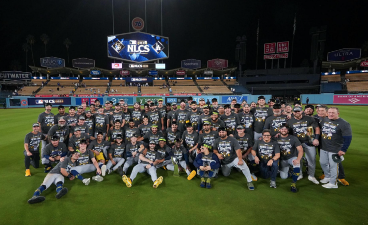 The 2026 Milwaukee Brewers pose on the field at Dodger Stadium after winning the National League Championship Series. October 15, 2026. Image Credit: Milwaukee Brewers Baseball Club
